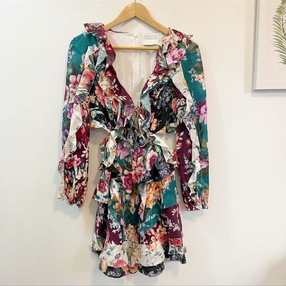 ZIMMERMANN Allia Ruffled Linen Floral Dress US SIZE 2/4 - Picture 2 of 9